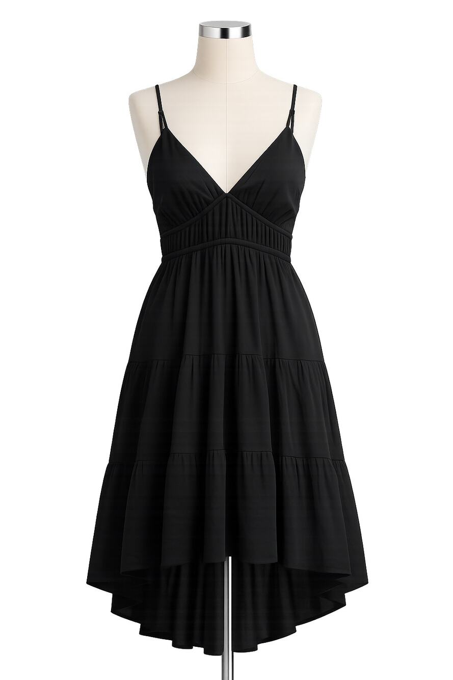 Angie Black Tiered High Low Midi Dress - Adjustable Straps - Size M